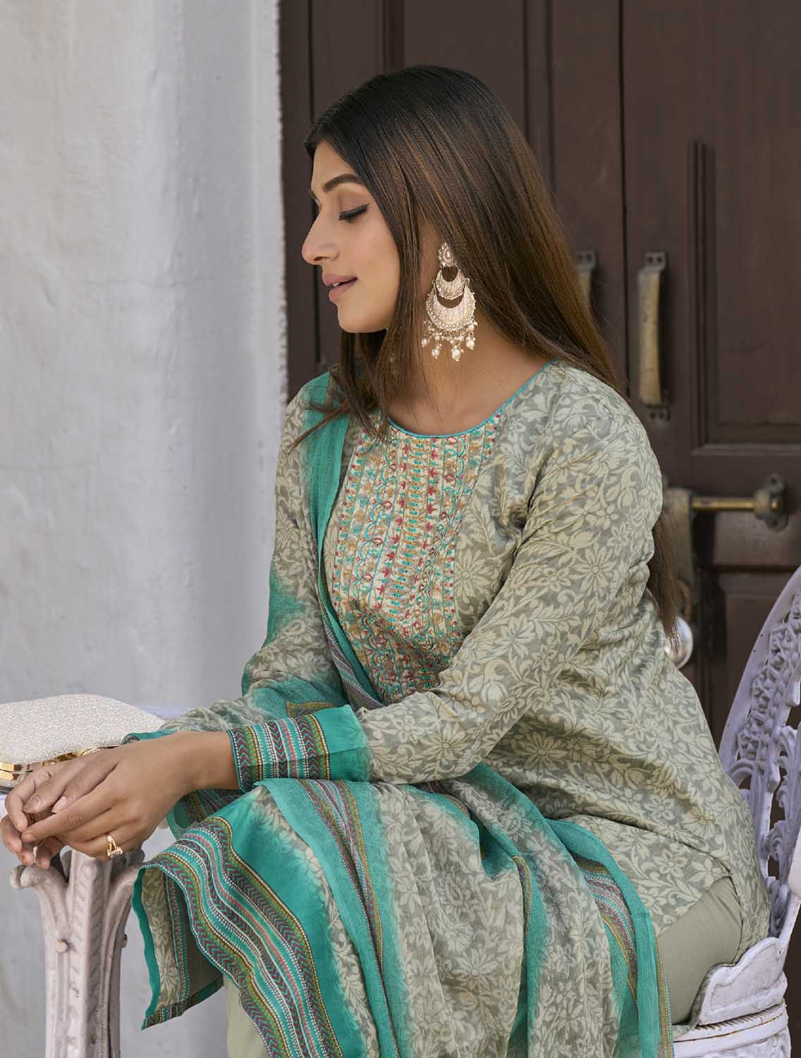 Aqsa Unstitched Cotton Suit Fabric Material with Dupatta Grey AQSA