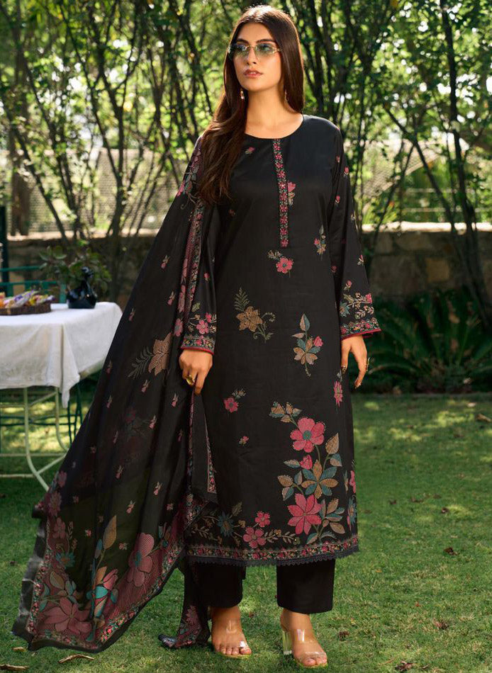 Party Wear Cotton Satin Black Unstitched Suit Dress Material for Women