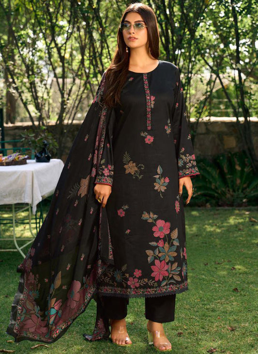 Party Wear Cotton Satin Black Unstitched Suit Dress Material for Women