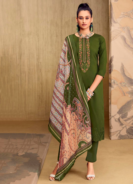 Belliza Women Embroidered Green Cotton Suit Dress Material Unstitched
