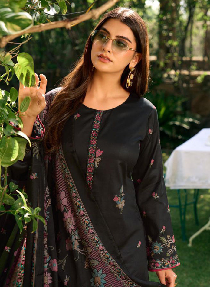 Party Wear Cotton Satin Black Unstitched Suit Dress Material for Women