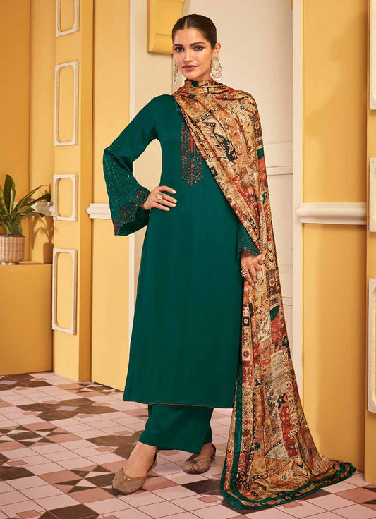 Mumtaz Arts Green Unstitched Pashmina Winter Suit with Embroidery Mumtaz Arts