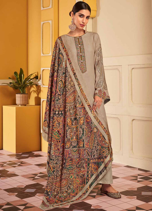 Mumtaz Arts Beige Unstitched Pashmina Winter Suit with Embroidery