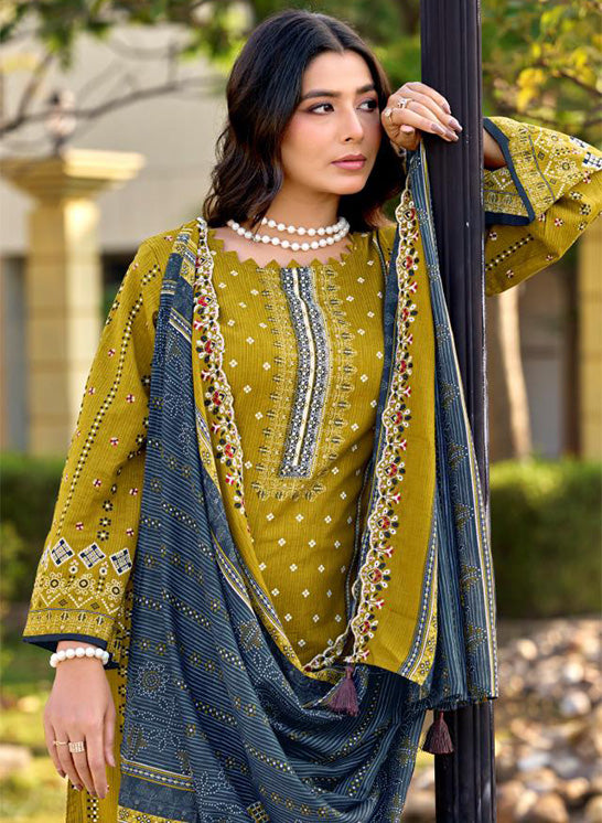 Pakistani Print Green Unstitched Cotton Suit Material with Daman Embroidery