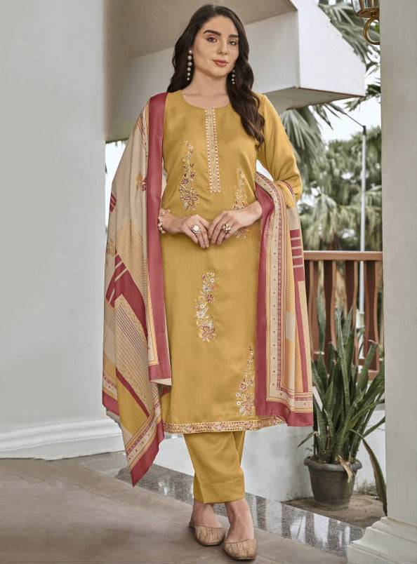 Mustard Pashmina Unstitched Winter Salwar Suit Material with Embroidery