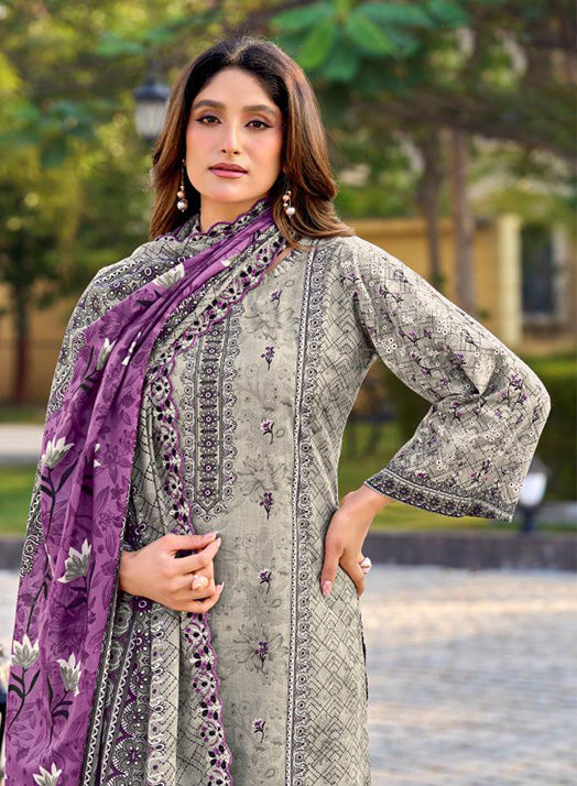 Pakistani Print Grey Unstitched Cotton Suit Material with Daman Embroidery