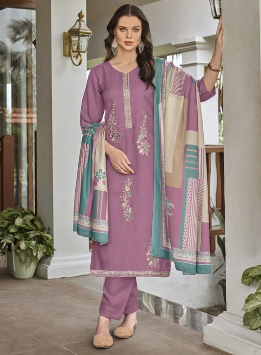 Pink Pashmina Unstitched Winter Salwar Suit Material with Embroidery