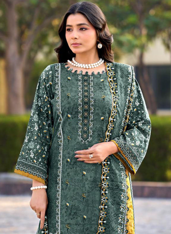 Pakistani Print Unstitched Cotton Salwar Suit Material with Daman Embroidery