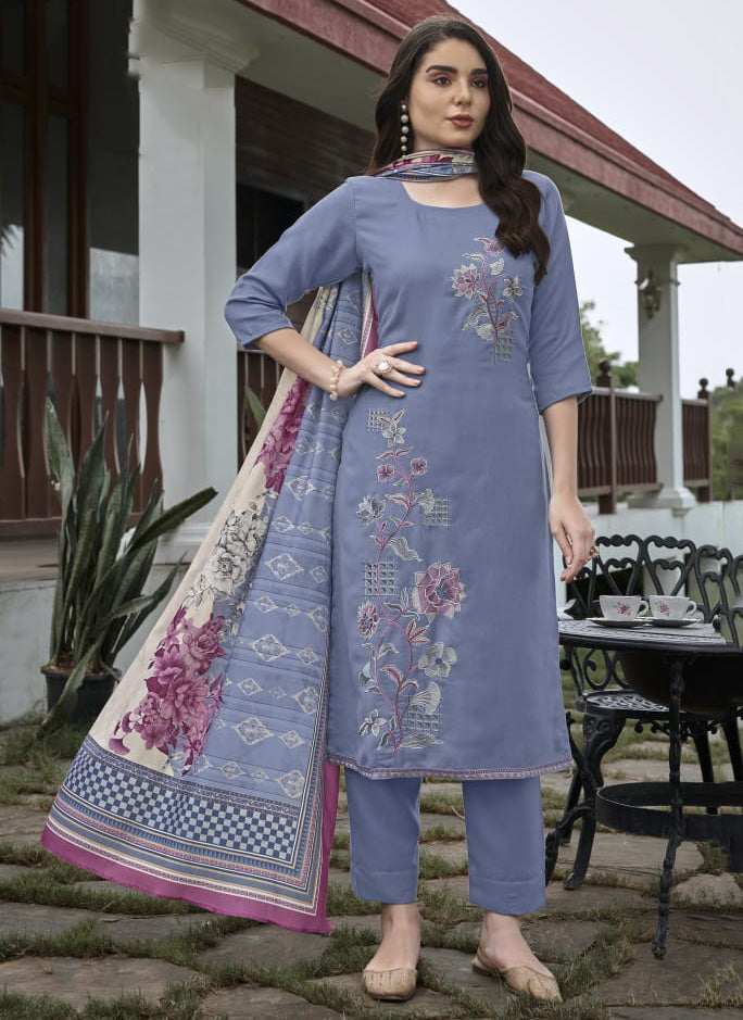 Blue Pashmina Unstitched Winter Salwar Suit Material with Embroidery