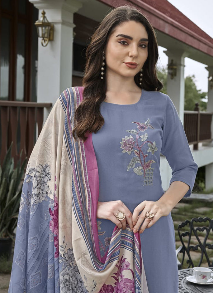 Blue Pashmina Unstitched Winter Salwar Suit Material with Embroidery