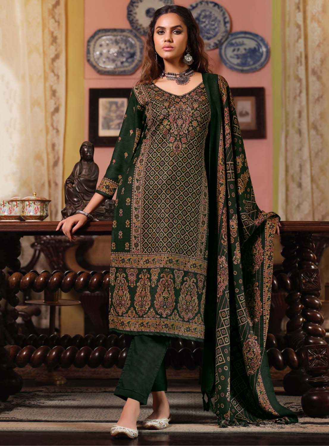 Belliza Green Pure Alpine Woolen Unstitched Winter Suits for Women