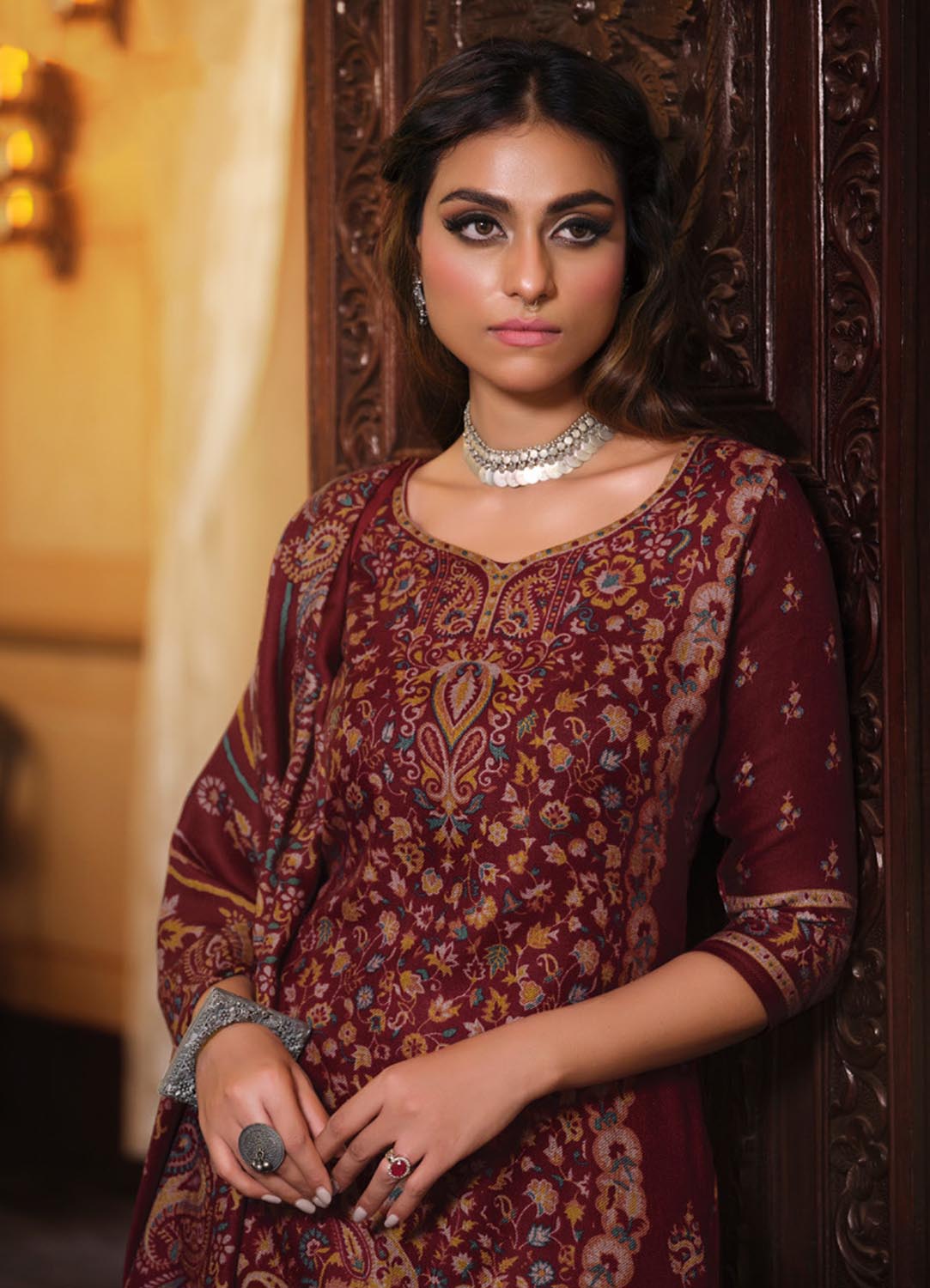 Belliza Pure Alpine Woolen Maroon Unstitched Winter Suits for Women