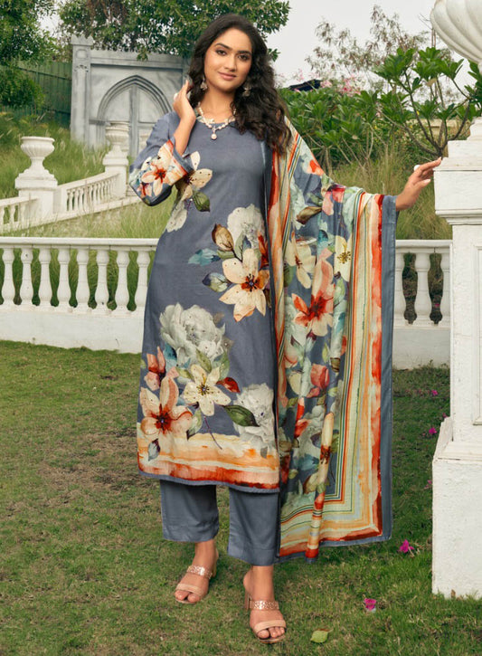 Grey Pashmina Winter Unstitched Salwar Suit Set Material for Women