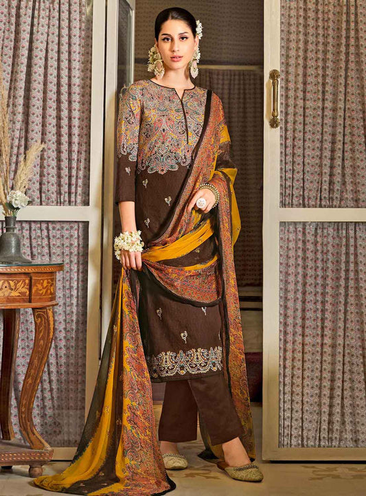 Pure Cotton Printed Brown Unstitched Suit Dress Material for Ladies
