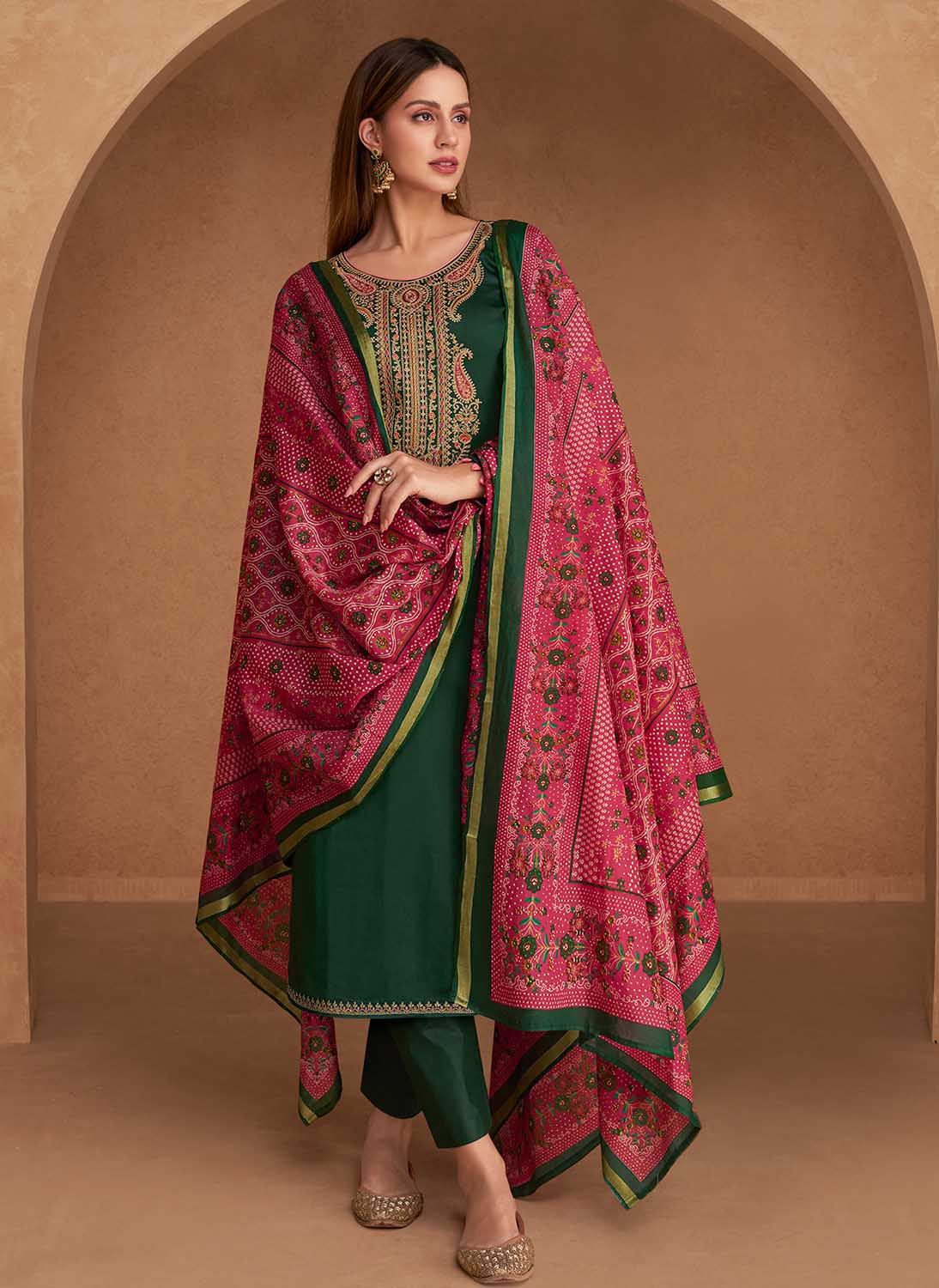 Mumtaz Arts Green Unstitched Pure Cotton Satin Suit Dress Material Mumtaz Arts