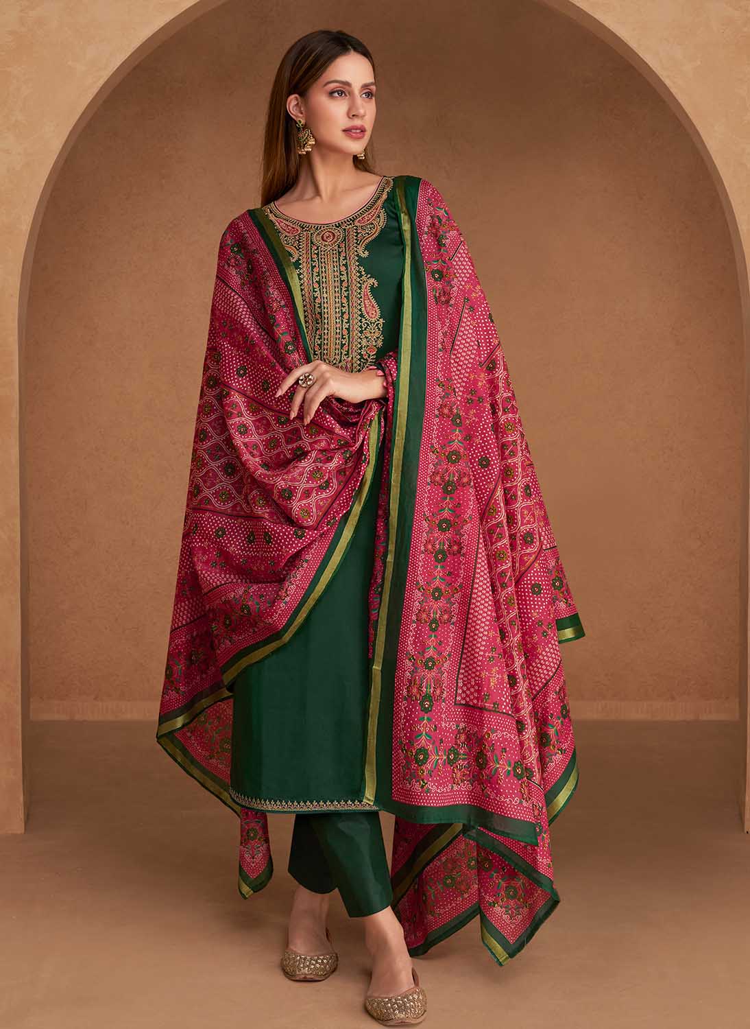 Mumtaz Arts Green Unstitched Pure Cotton Satin Suit Dress Material