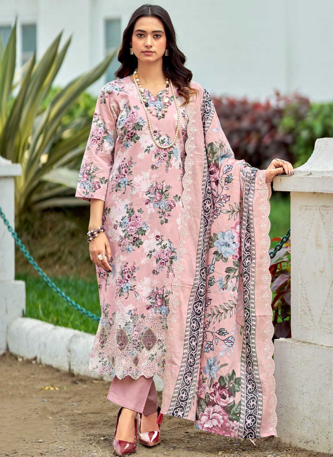 Unstitched Cotton Pakistani Suit Material with Chikankari Embroidery