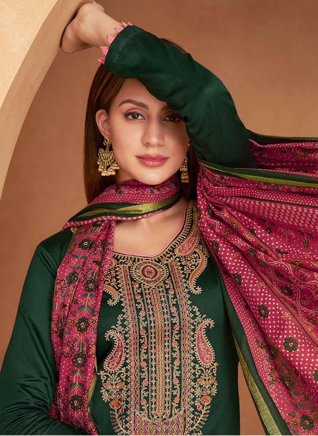 Mumtaz Arts Green Unstitched Pure Cotton Satin Suit Dress Material Mumtaz Arts