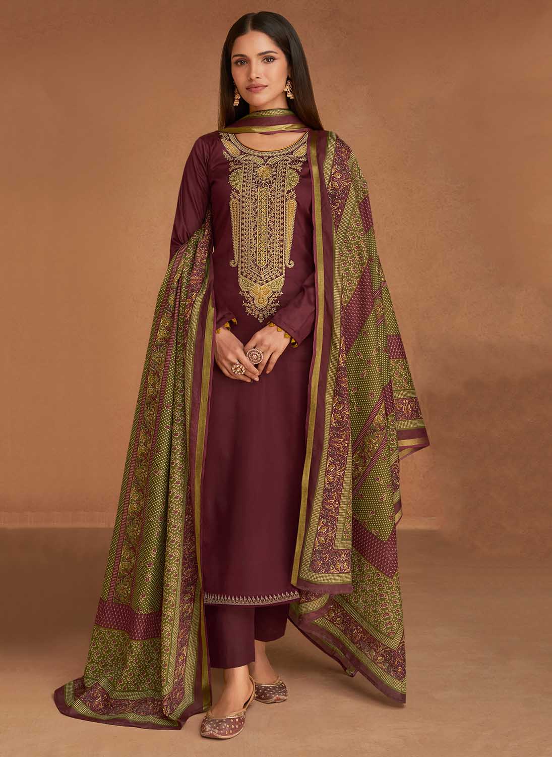 Mumtaz Arts Maroon Unstitched Pure Cotton Satin Suit Dress Material Mumtaz Arts