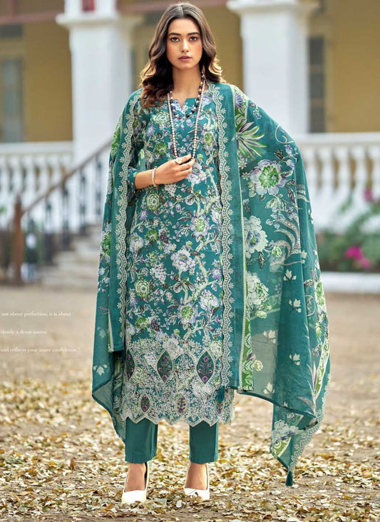 Unstitched Cotton Pakistani Suit Material with Chikankari Embroidery Green