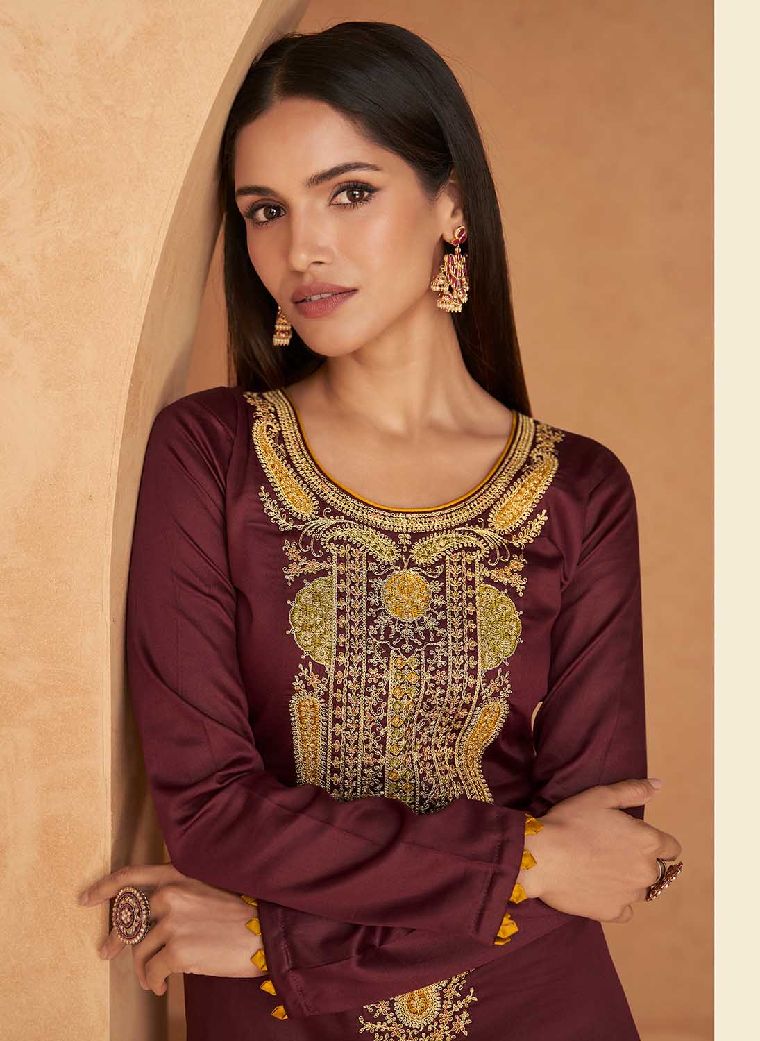 Mumtaz Arts Maroon Unstitched Pure Cotton Satin Suit Dress Material Mumtaz Arts