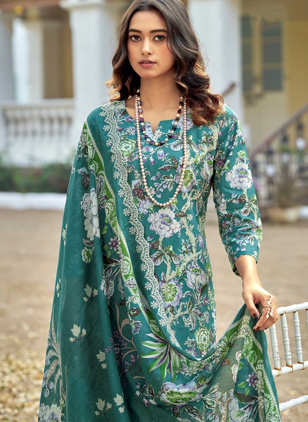 Unstitched Cotton Pakistani Suit Material with Chikankari Embroidery Green