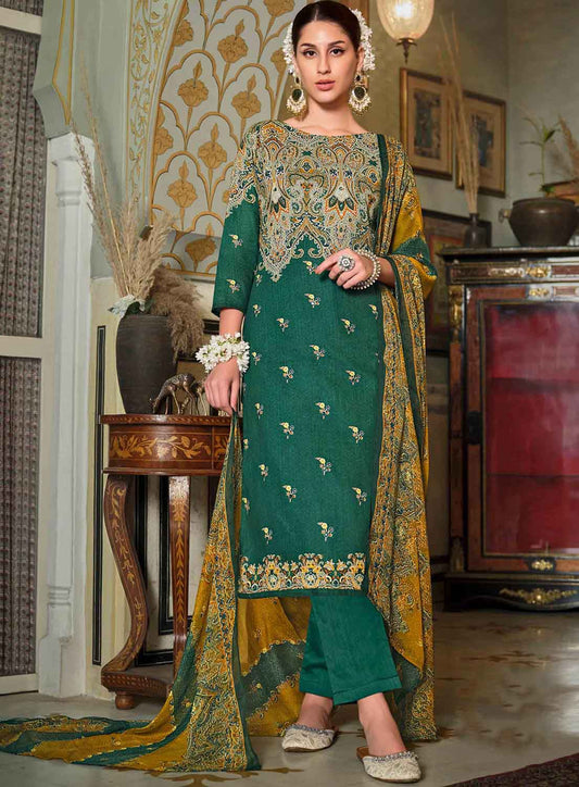 Pure Cotton Printed Green Unstitched Suit Dress Material for Ladies