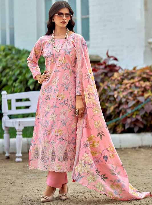 Unstitched Cotton Pakistani Suit Material with Chikankari Embroidery Pink