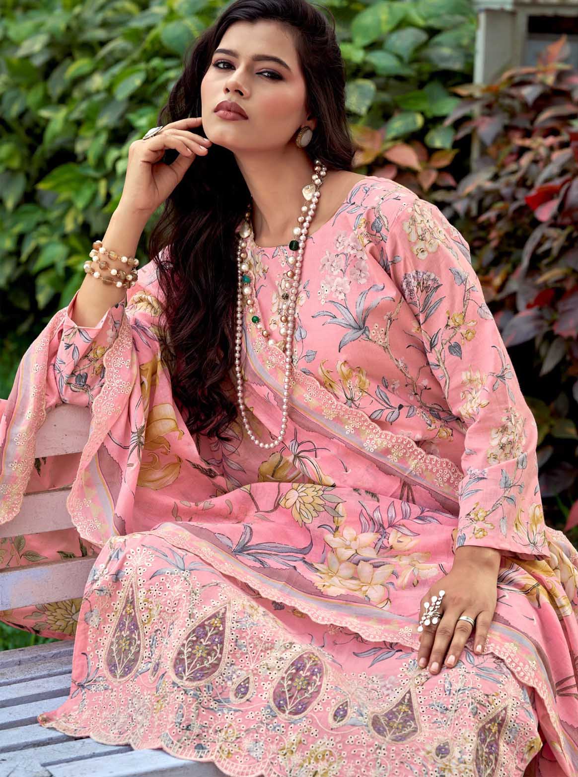 Unstitched Cotton Pakistani Suit Material with Chikankari Embroidery Pink