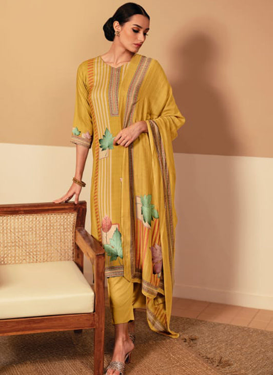 Rivaa Yellow Cotton Satin Unstitched Suit Dress Material for Women Rivaa