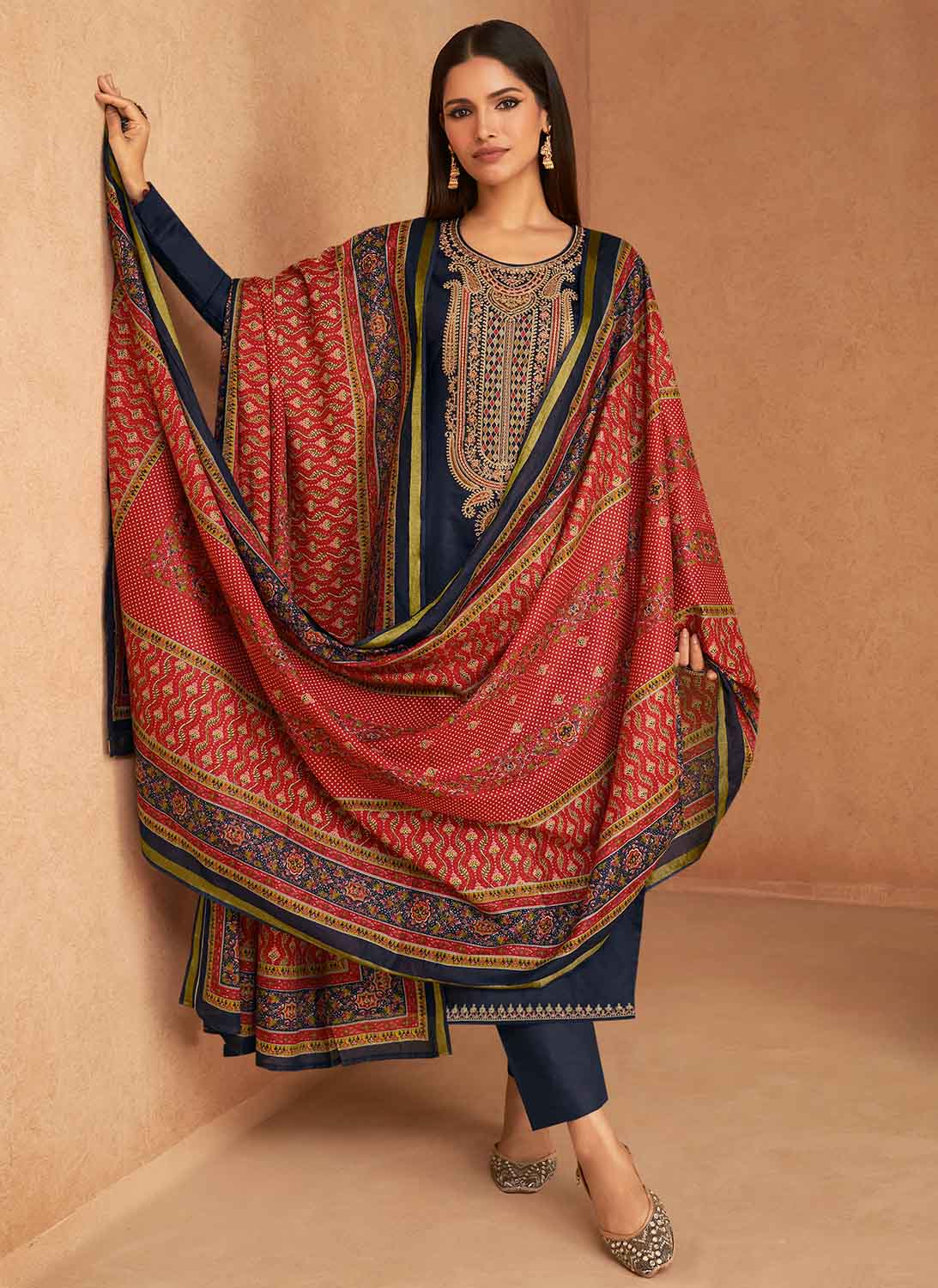 Mumtaz Arts Unstitched Blue Pure Cotton Satin Salwar Suit Dress Material Mumtaz Arts