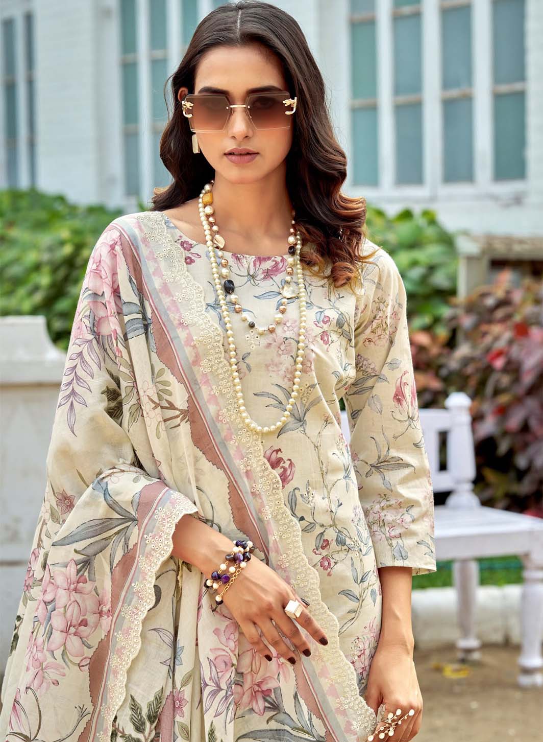 Unstitched Cotton Pakistani Suit Dress Material with Chikankari Embroidery