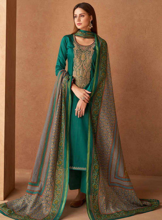 Mumtaz Arts Unstitched Teal Cotton Satin Suit Dress Material for Ladies Mumtaz Arts