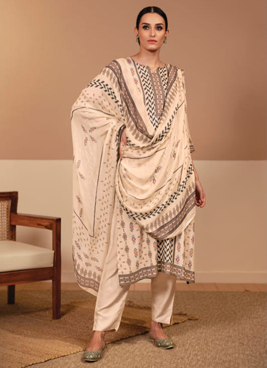 Rivaa Cream Cotton Satin Unstitched Suit Dress Material for Women