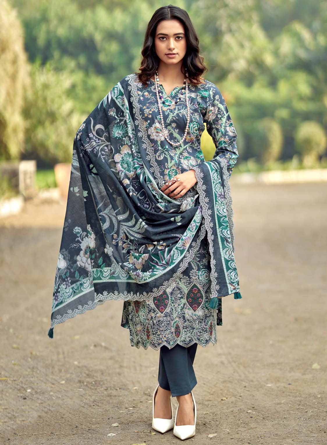 Unstitched Cotton Pakistani Suit Material with Chikankari Embroidery Blue