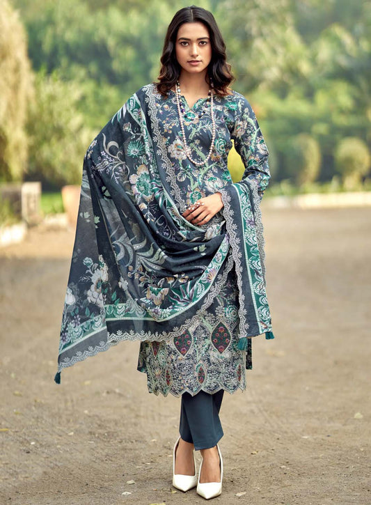 Unstitched Cotton Pakistani Suit Material with Chikankari Embroidery Blue