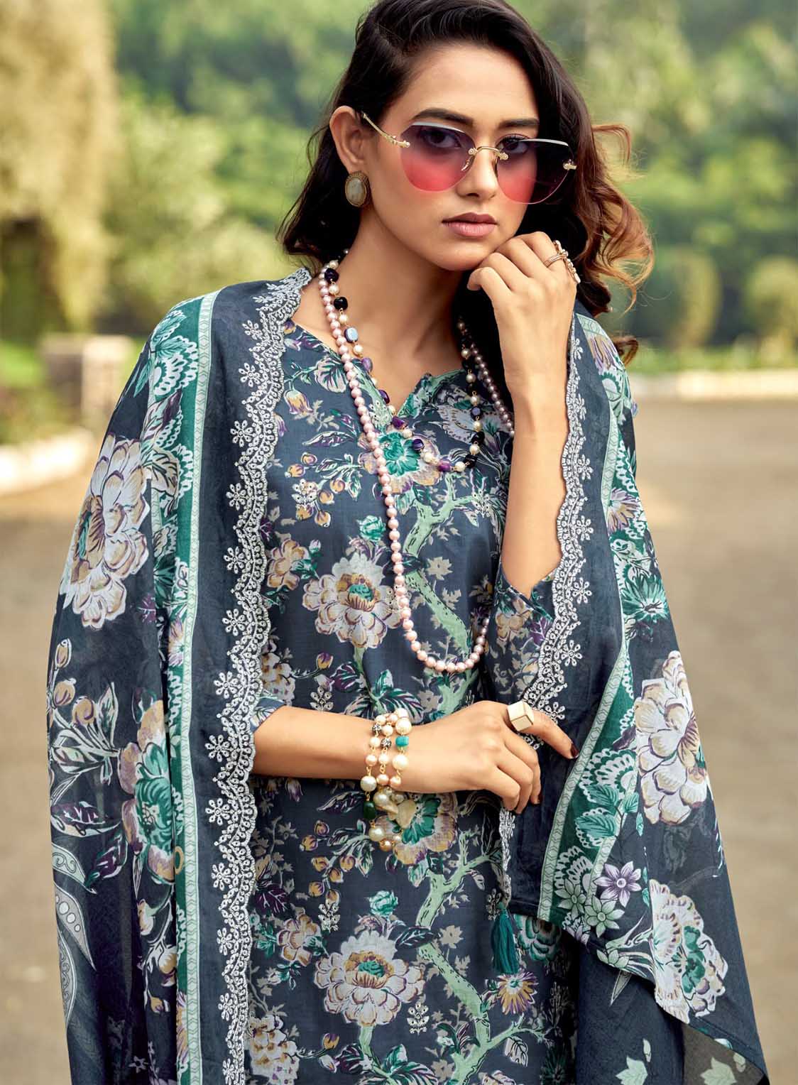 Unstitched Cotton Pakistani Suit Material with Chikankari Embroidery Blue