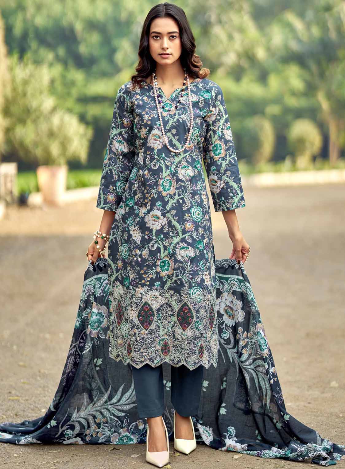 Unstitched Cotton Pakistani Suit Material with Chikankari Embroidery Blue