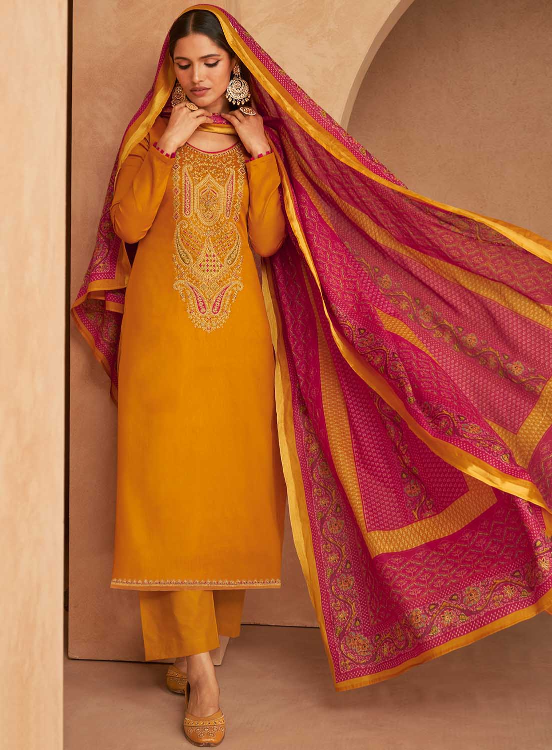 Mumtaz Arts Yellow Unstitched Cotton Satin Suit Dress Material for Ladies Mumtaz Arts