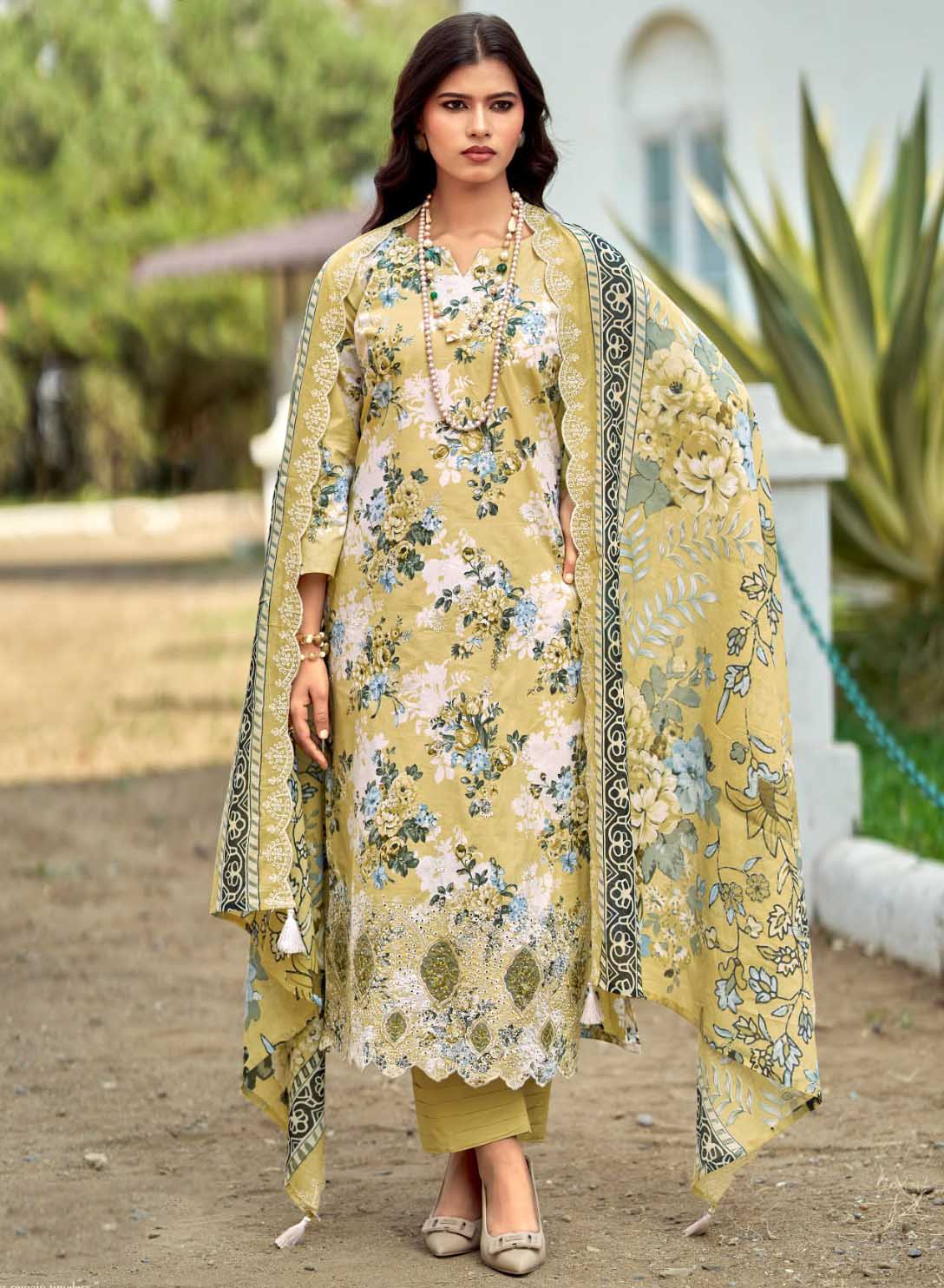 Unstitched Cotton Pakistani Suit Material with Chikankari Embroidery