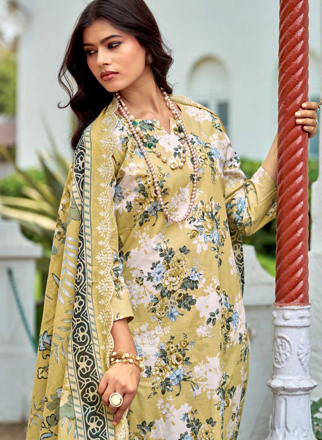 Unstitched Cotton Pakistani Suit Material with Chikankari Embroidery