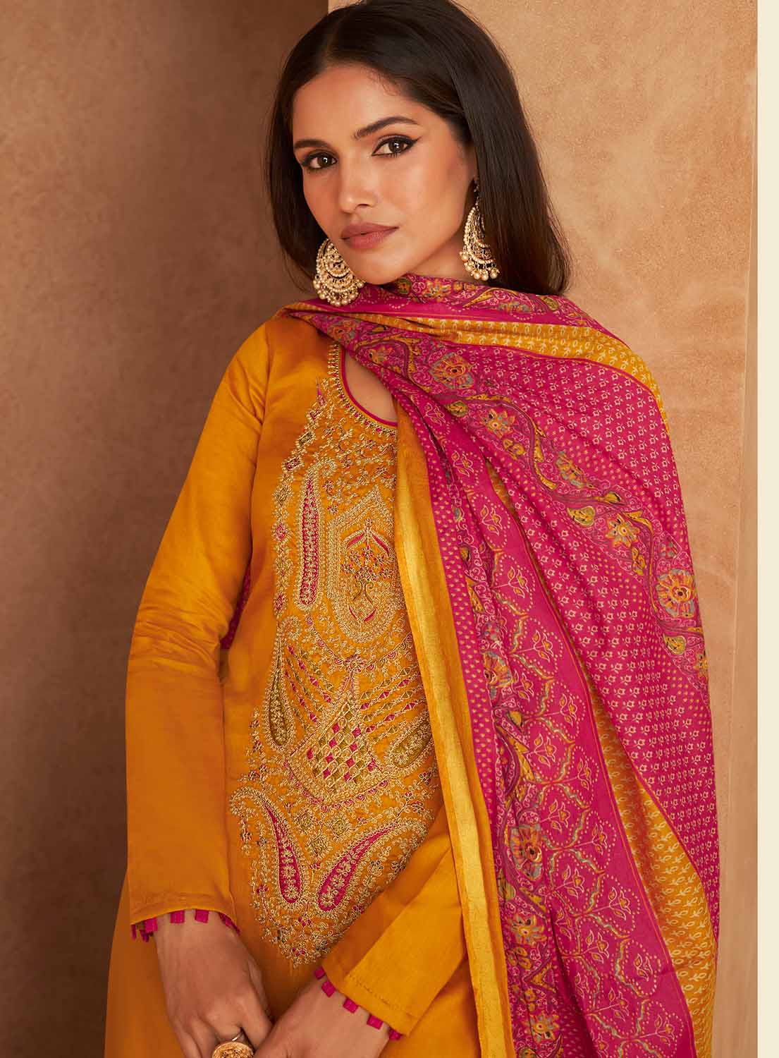 Mumtaz Arts Yellow Unstitched Cotton Satin Suit Dress Material for Ladies Mumtaz Arts
