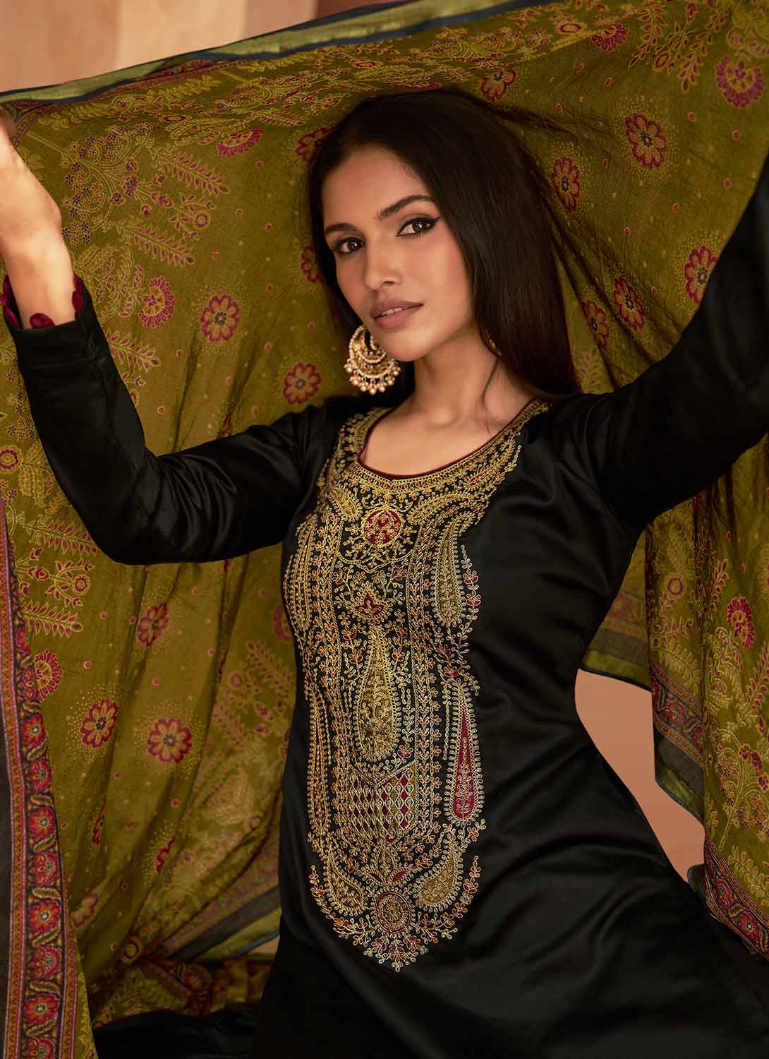 Mumtaz Arts Black Unstitched Cotton Satin Suit Dress Material for Ladies Mumtaz Arts