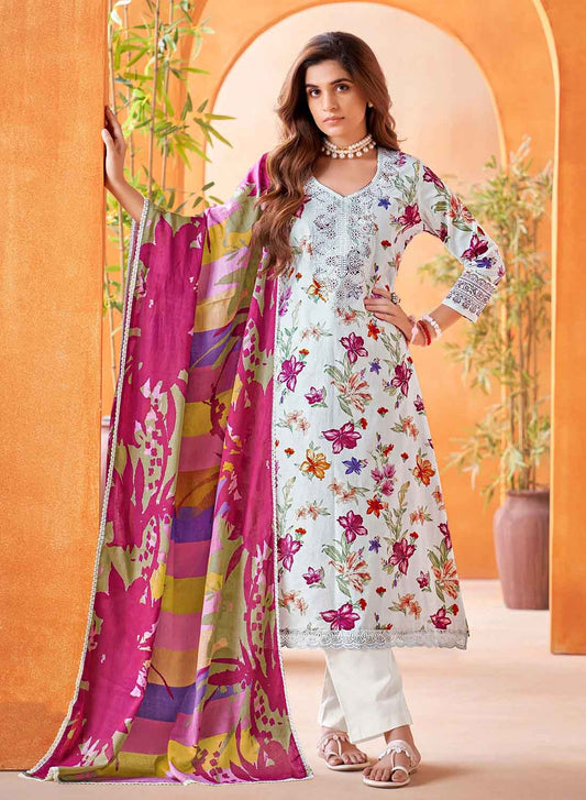 White Pure Cambric Cotton Unstitched Suit Dress Material for Women