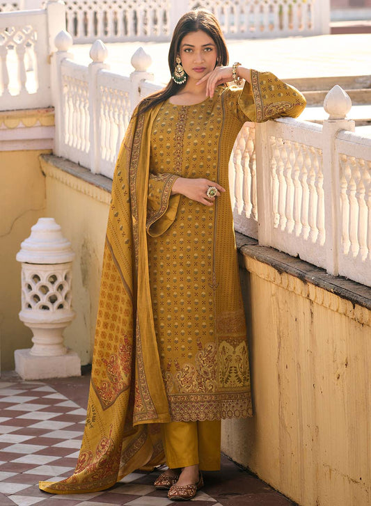 Mumtaz Arts Pure Cotton Satin Yellow Unstitched Suit Dress Material