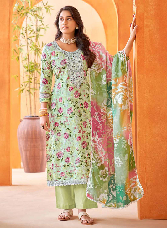 Green Pure Cambric Cotton Unstitched Suit Dress Material for Women