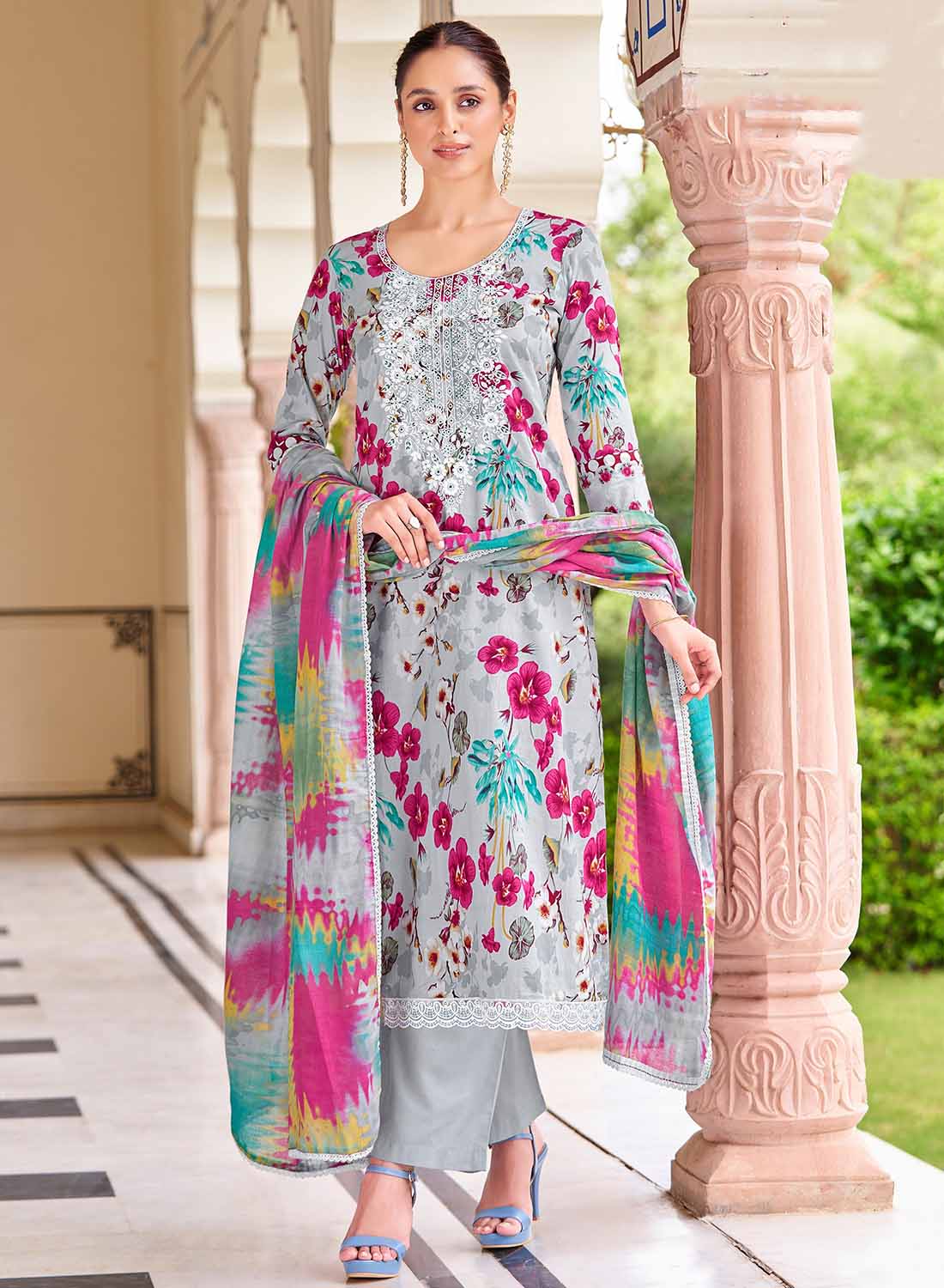 Grey Pure Cambric Cotton Unstitched Suit Dress Material with Embroidery