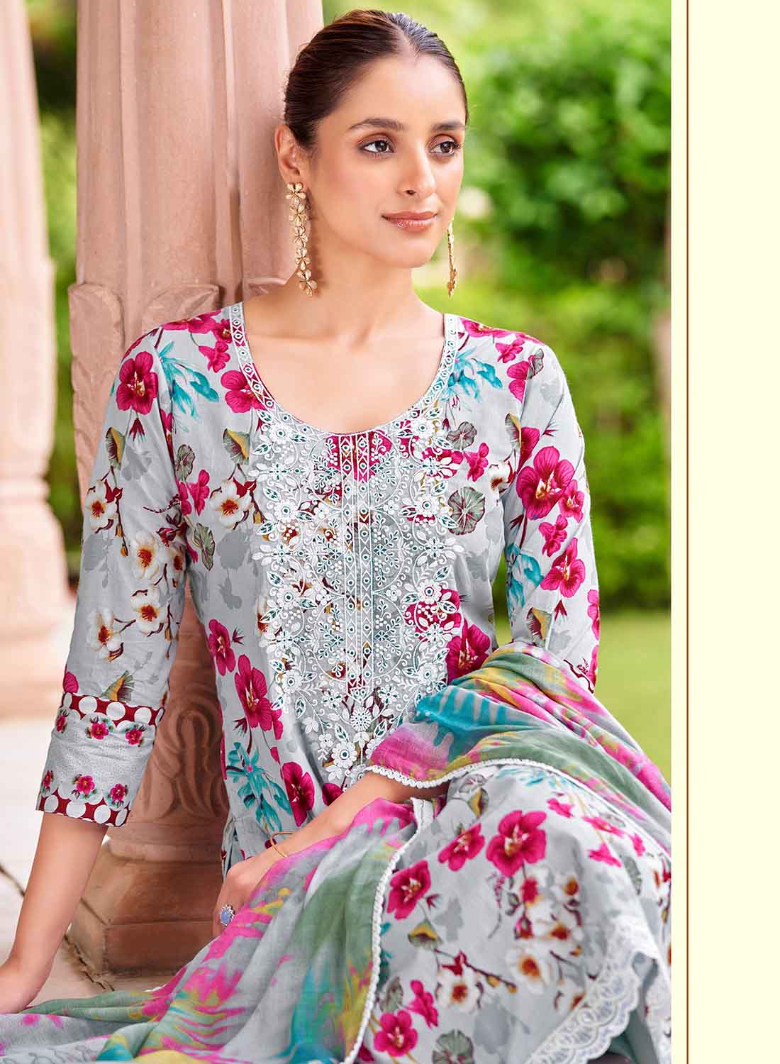 Grey Pure Cambric Cotton Unstitched Suit Dress Material with Embroidery