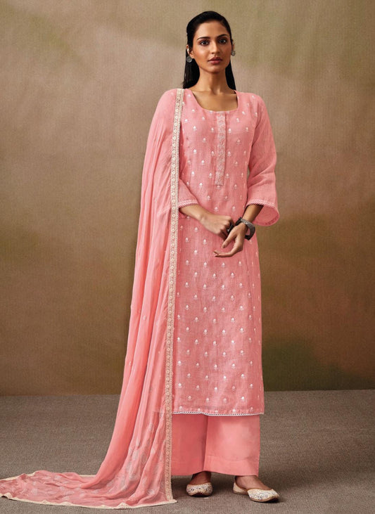 Ganga Pink Cotton Linen Unstitched Suit Material with Chiffon Dupatta