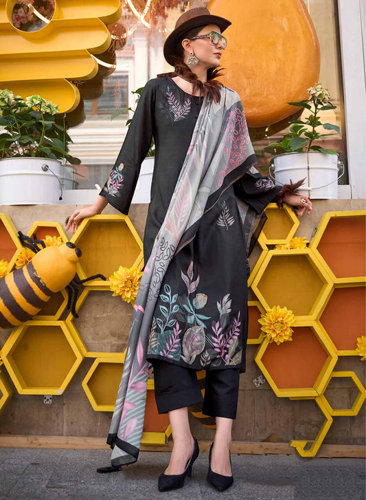 Black Party Wear Pure Muslin Unstitched Suit Dress Material for Women